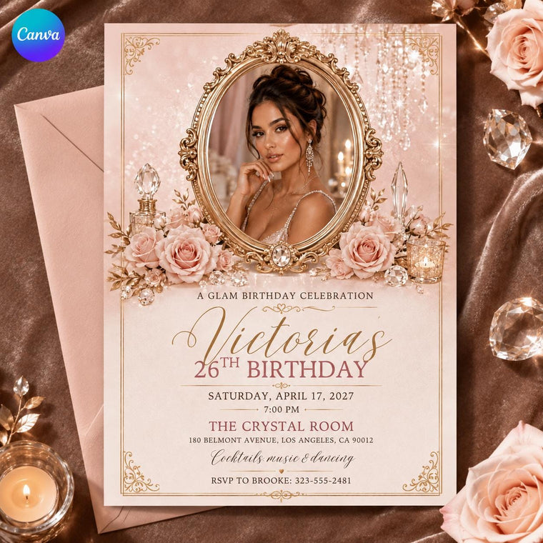 Pink and Gold 26th Birthday Invitation