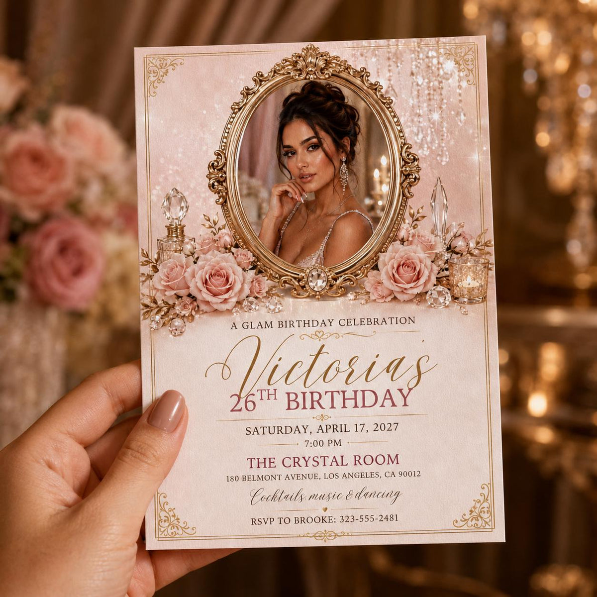 Pink and Gold 26th Birthday Invitation — floral design