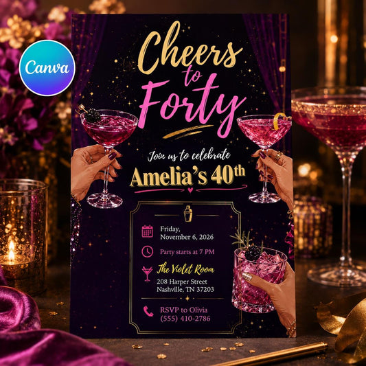 Pink and Gold 40th Birthday Invitation — editable Canva template