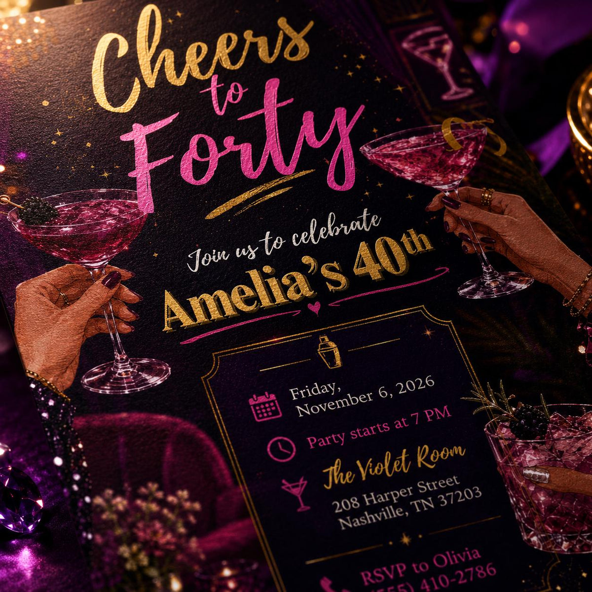Pink and Gold 40th Birthday Invitation — invitation you personalize in Canva