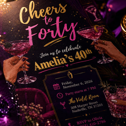 Pink and Gold 40th Birthday Invitation — invitation you personalize in Canva