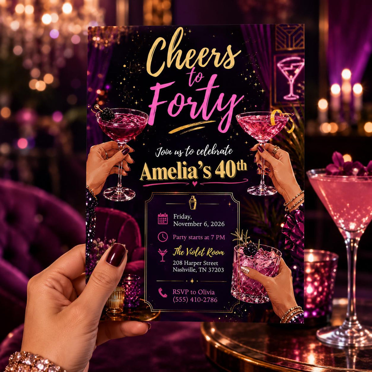 Pink and Gold 40th Birthday Invitation — digital invitation, instant download
