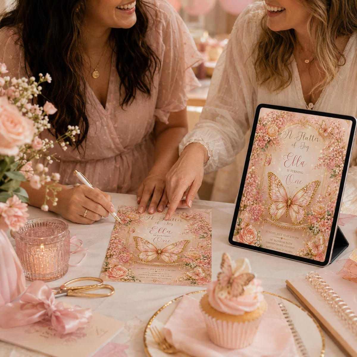 Pink and Gold A Flutter Of Joy 1st Birthday Invitation for Girls — butterfly floral design