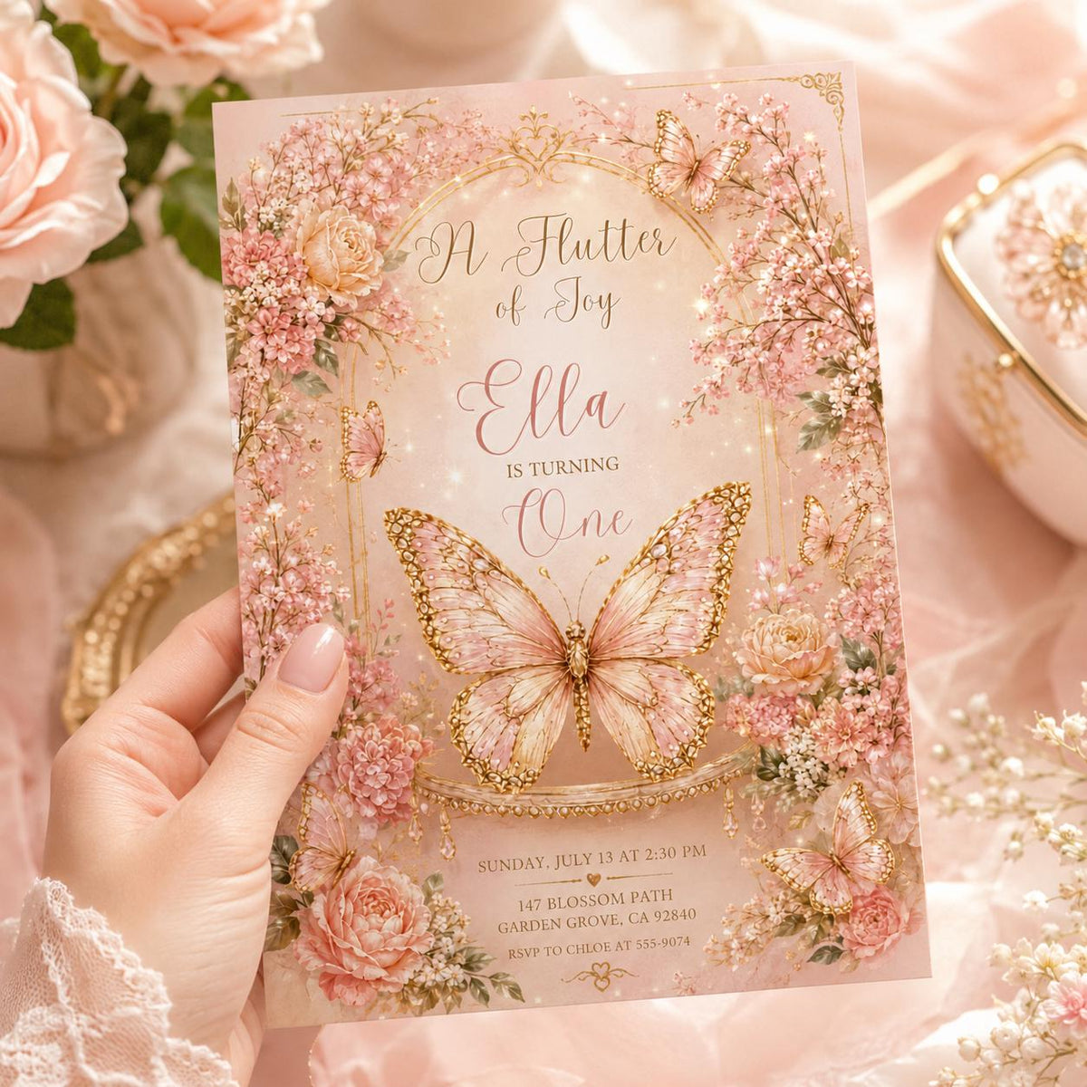 Pink and Gold A Flutter Of Joy 1st Birthday Invitation for Girls — invitation you personalize in Canva