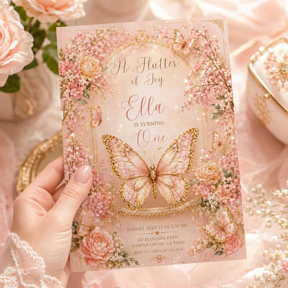 Pink and Gold A Flutter Of Joy 1st Birthday Invitation for Girls — invitation you personalize in Canva