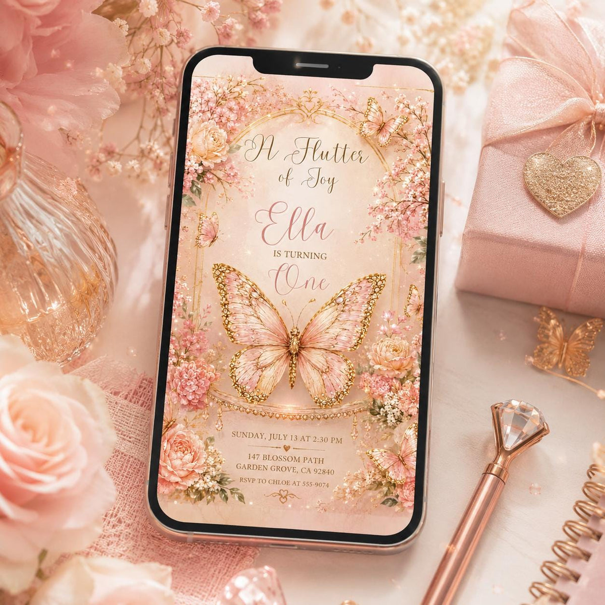 Pink and Gold A Flutter Of Joy 1st Birthday Invitation for Girls — floral first birthday design