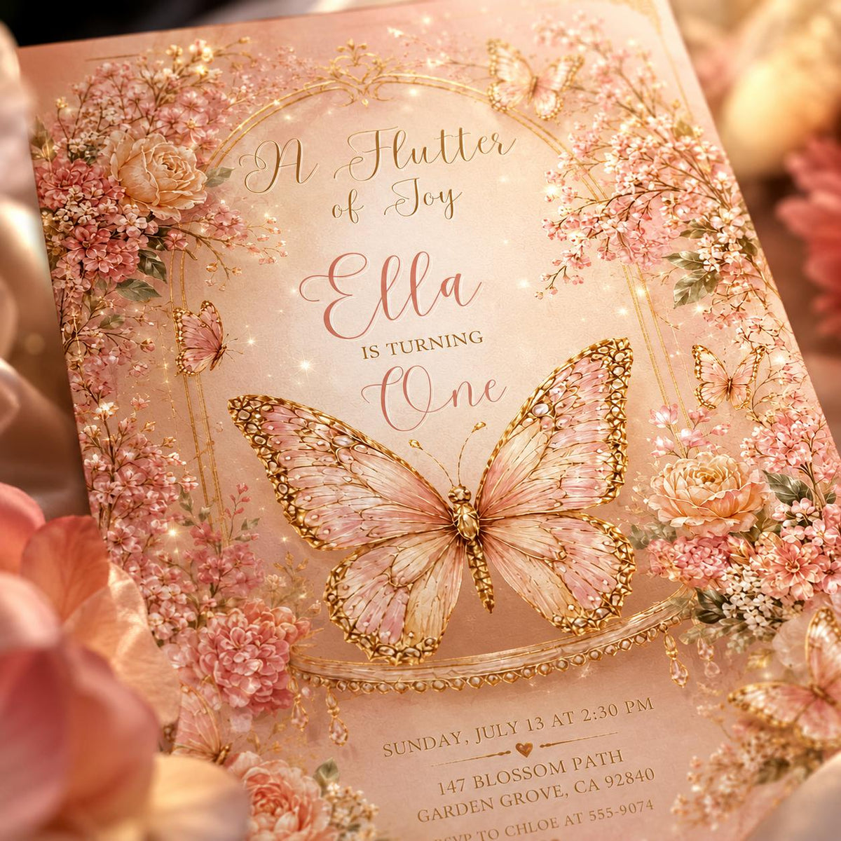 Pink and Gold A Flutter Of Joy 1st Birthday Invitation for Girls — print-ready first birthday design from VoltBy