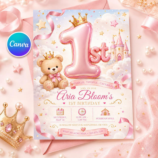 Pink and Gold Princess 1st Birthday Invitation for Girls — editable Canva template
