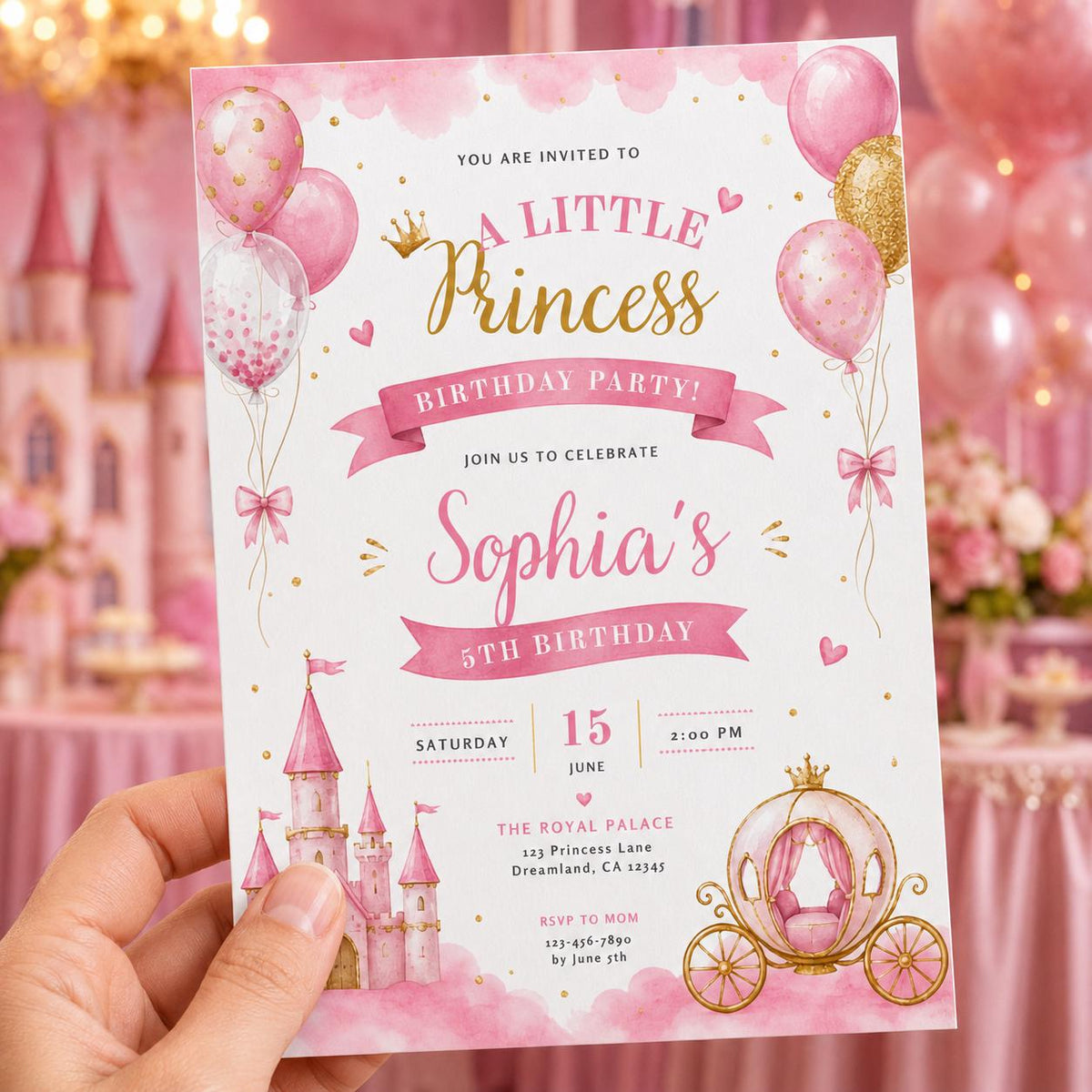 Pink and Gold Princess 5th Birthday Invitation — print-ready 5th birthday party design from VoltBy