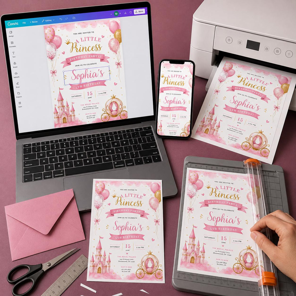 Pink and Gold Princess 5th Birthday Invitation — digital invitation, instant download
