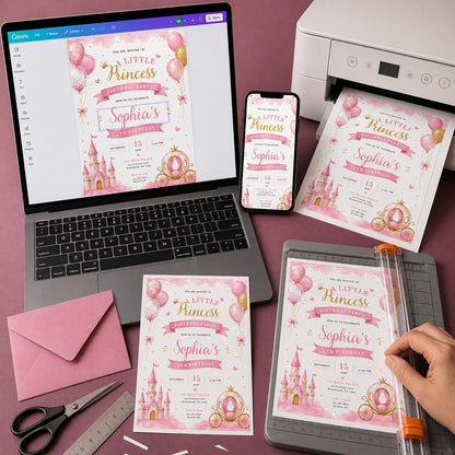 Pink and Gold Princess 5th Birthday Invitation — digital invitation, instant download