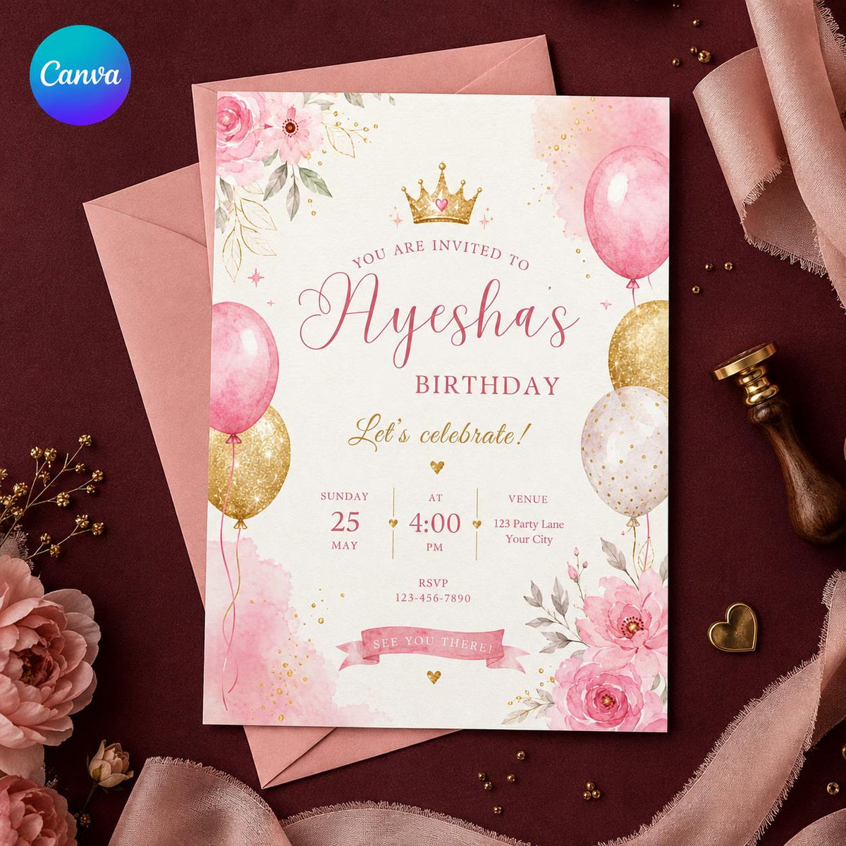 Pink and Gold Princess Birthday Invitation: Pink Gold Floral Crown Party for Girls — editable Canva template