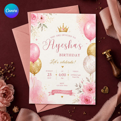 Pink and Gold Princess Birthday Invitation: Pink Gold Floral Crown Party for Girls — editable Canva template