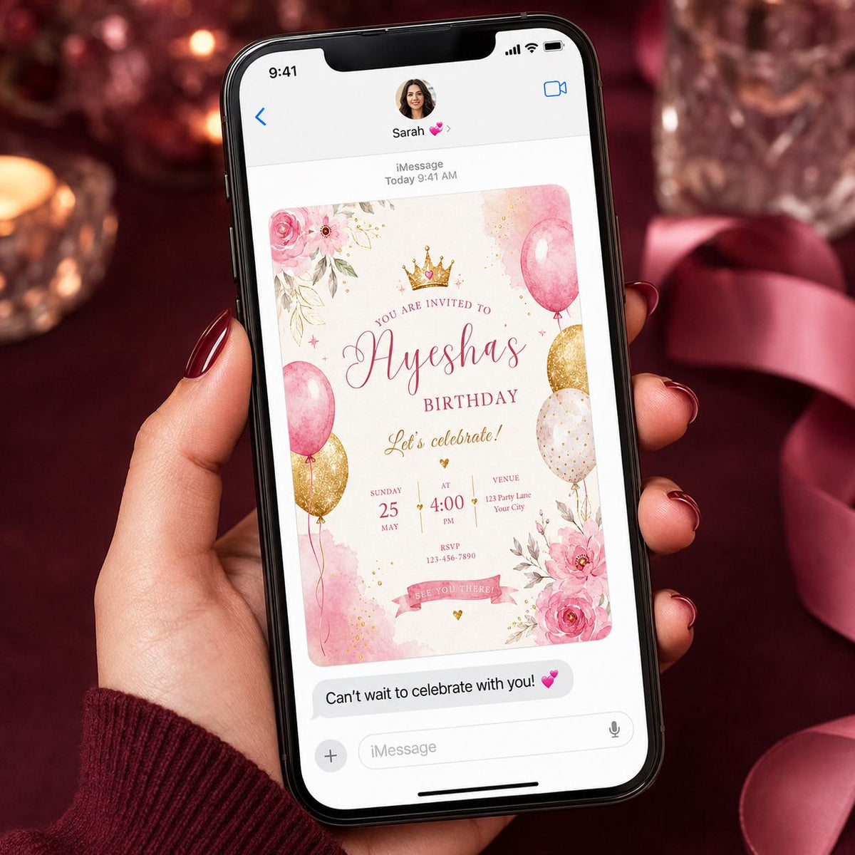 Pink and Gold Princess Birthday Invitation: Pink Gold Floral Crown Party for Girls — invitation you personalize in Canva