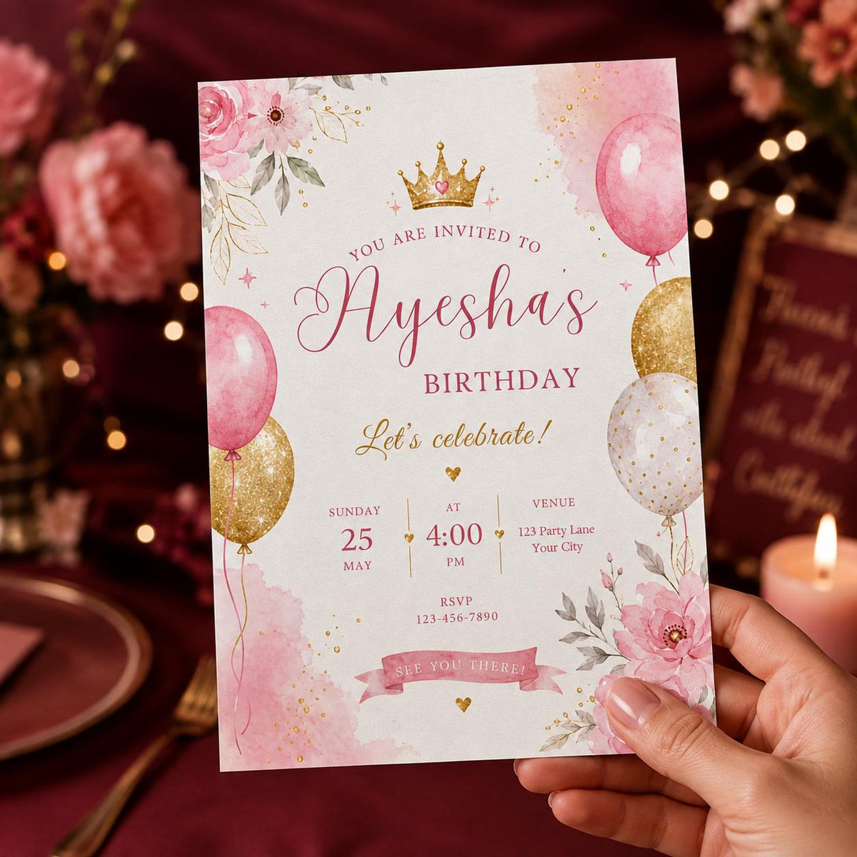 Pink and Gold Princess Birthday Invitation: Pink Gold Floral Crown Party for Girls — print-ready birthday party design