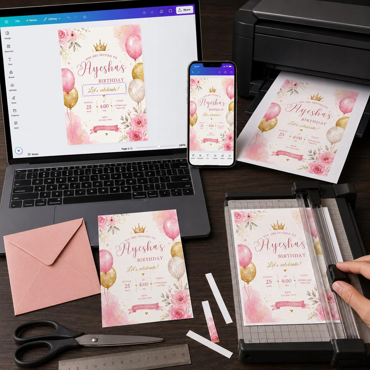 Pink and Gold Princess Birthday Invitation: Pink Gold Floral Crown Party for Girls — digital invitation, instant download