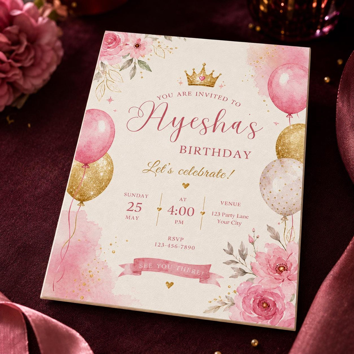 Pink and Gold Princess Birthday Invitation: Pink Gold Floral Crown Party for Girls — birthday party stationery by VoltBy
