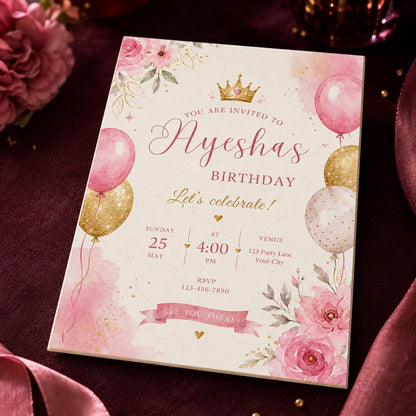 Pink and Gold Princess Birthday Invitation: Pink Gold Floral Crown Party for Girls — birthday party stationery by VoltBy