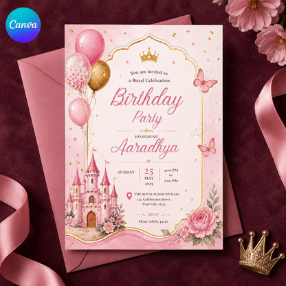 Pink and Gold Princess Birthday Invitation: Pink Gold Royal Castle Party — editable Canva template