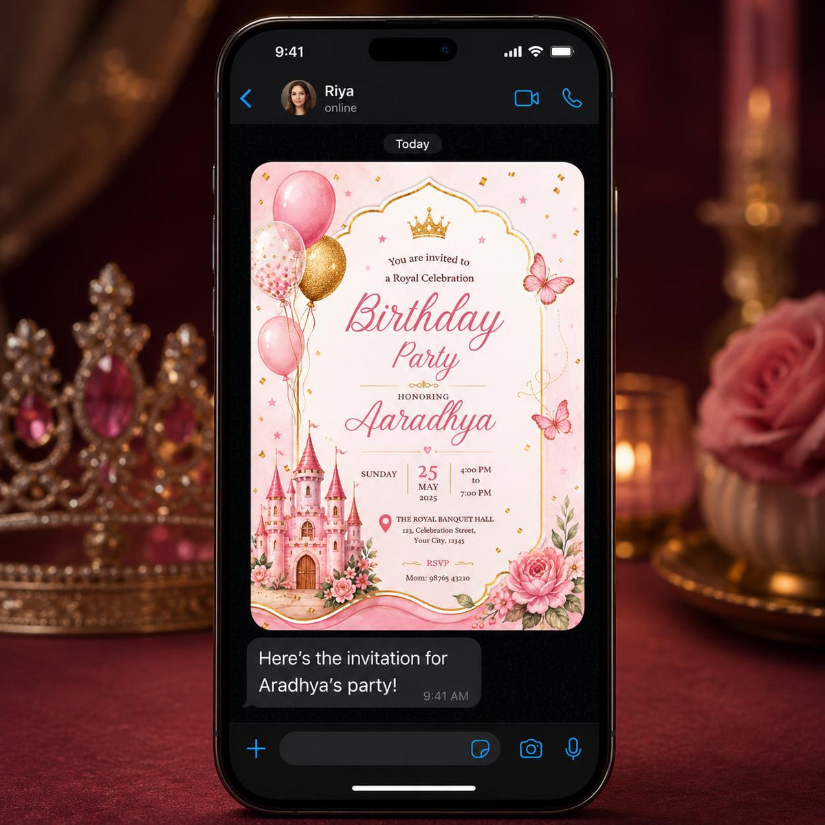 Pink and Gold Princess Birthday Invitation: Pink Gold Royal Castle Party — invitation you personalize in Canva