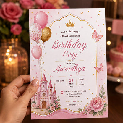 Pink and Gold Princess Birthday Invitation: Pink Gold Royal Castle Party — print-ready birthday party design from VoltBy