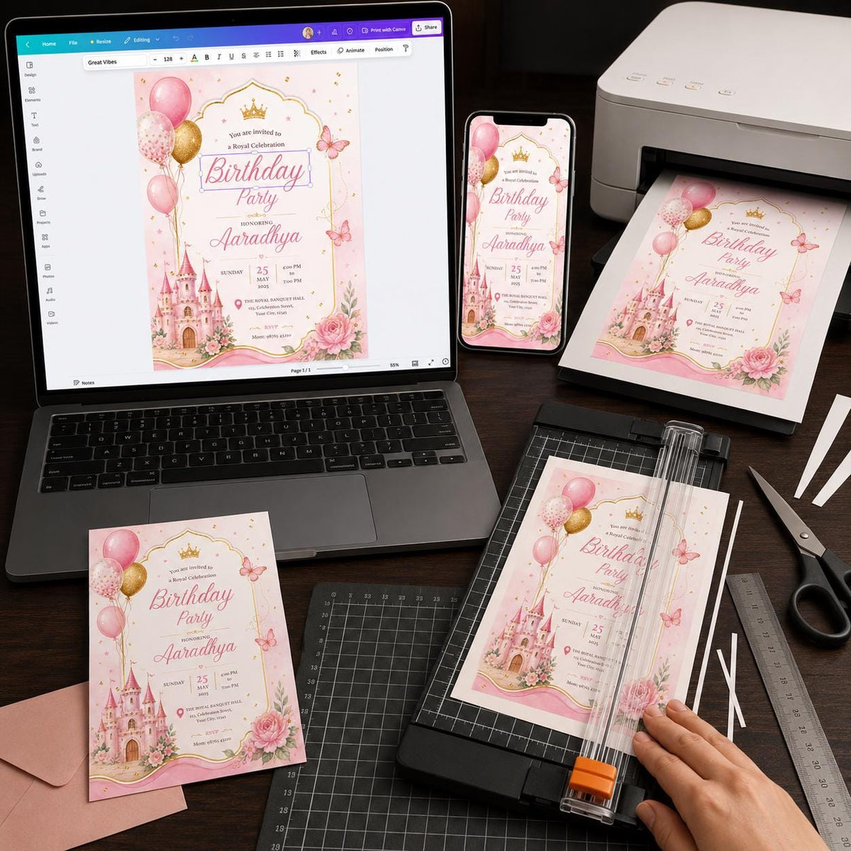 Pink and Gold Princess Birthday Invitation: Pink Gold Royal Castle Party — digital invitation, instant download