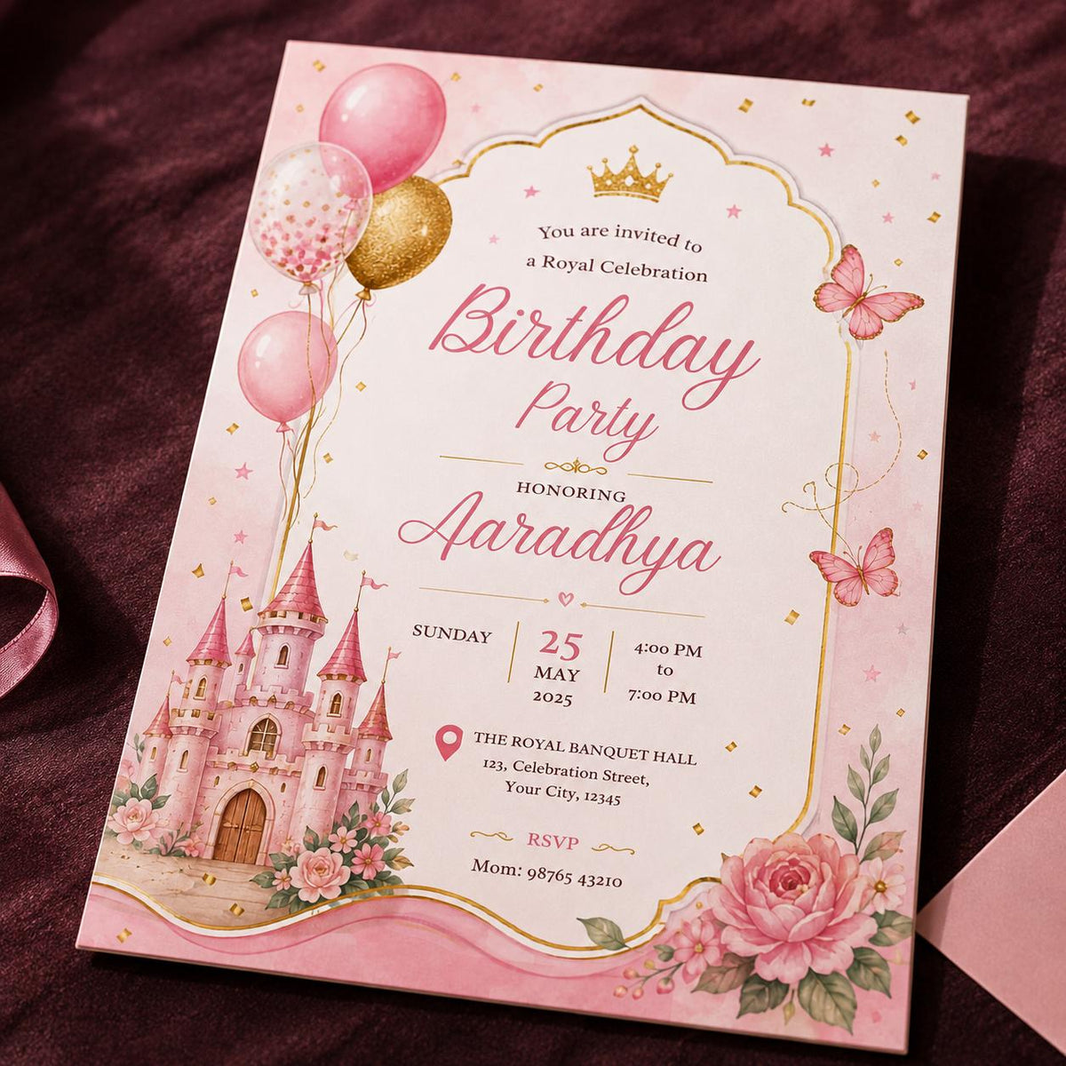 Pink and Gold Princess Birthday Invitation: Pink Gold Royal Castle Party — birthday party stationery by VoltBy