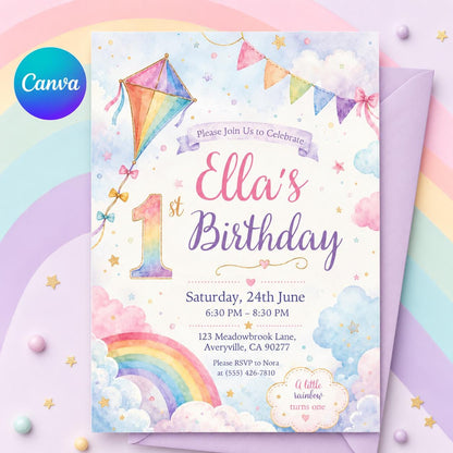 Pink and Gold Rainbow 1st Birthday Invitation for Girls — editable Canva template