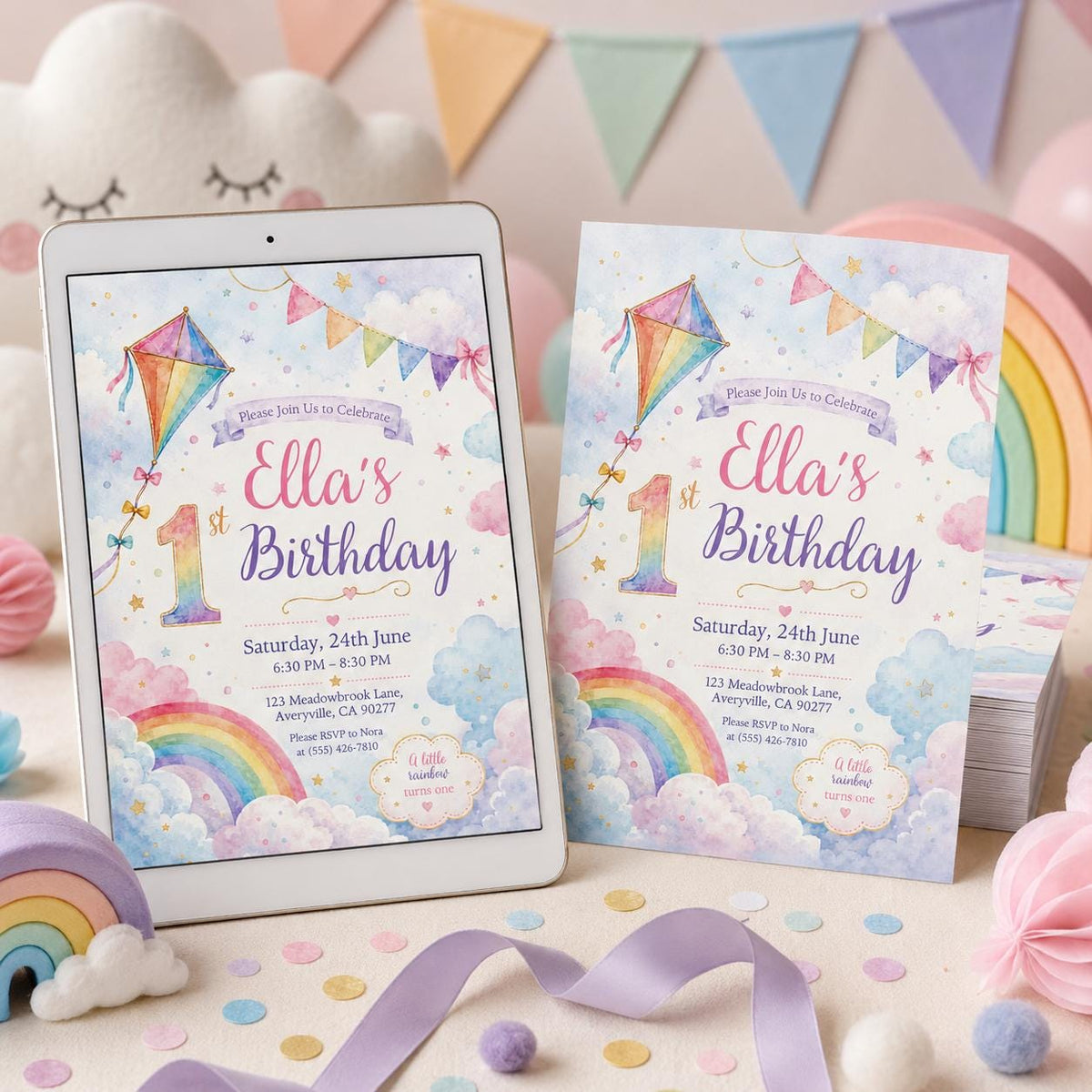 Pink and Gold Rainbow 1st Birthday Invitation for Girls — print-ready first birthday design from VoltBy
