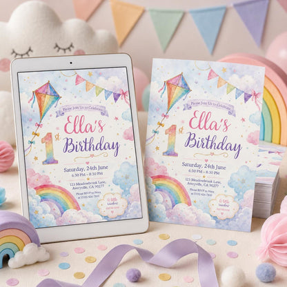 Pink and Gold Rainbow 1st Birthday Invitation for Girls — print-ready first birthday design from VoltBy