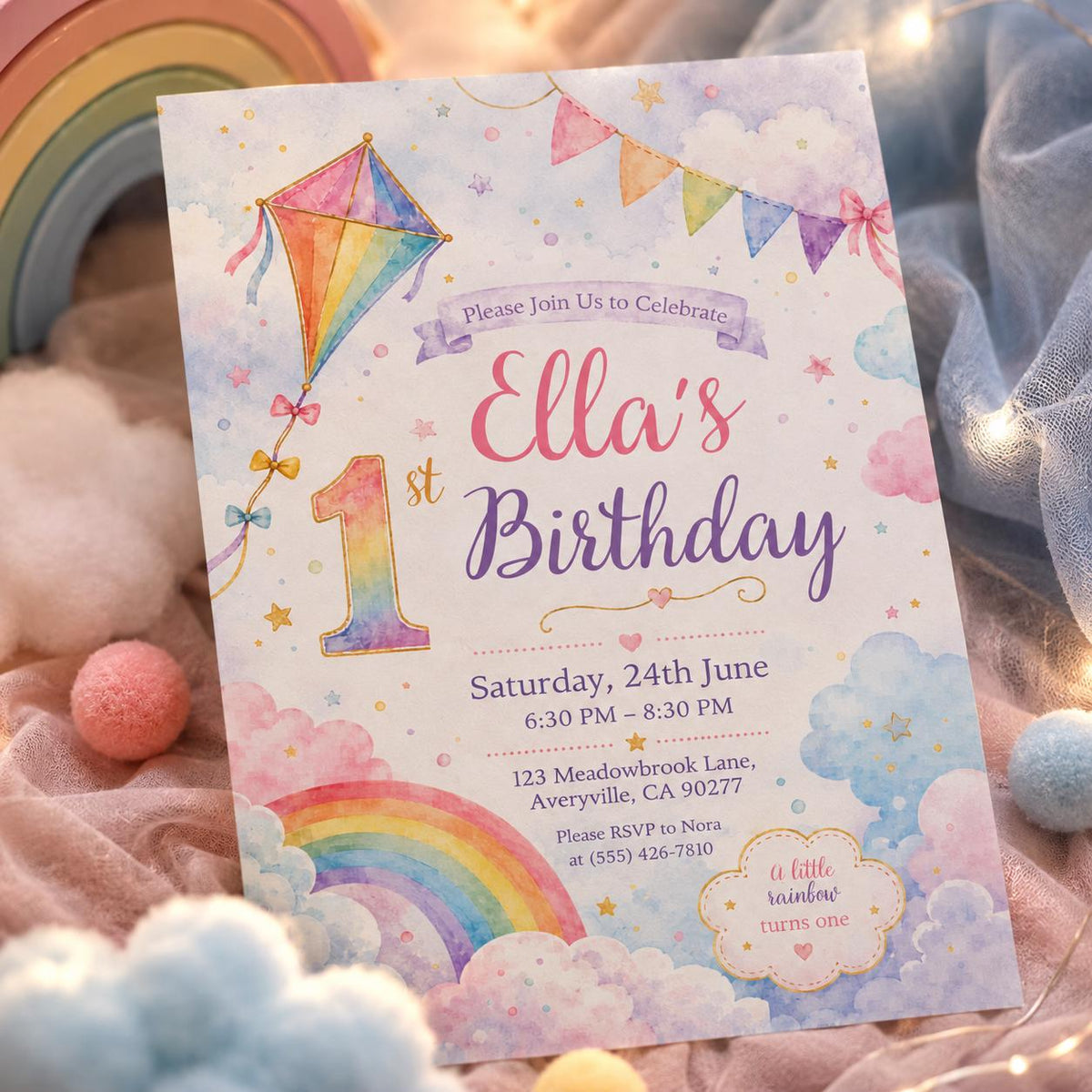 Pink and Gold Rainbow 1st Birthday Invitation for Girls — digital invitation, instant download