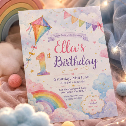 Pink and Gold Rainbow 1st Birthday Invitation for Girls — digital invitation, instant download