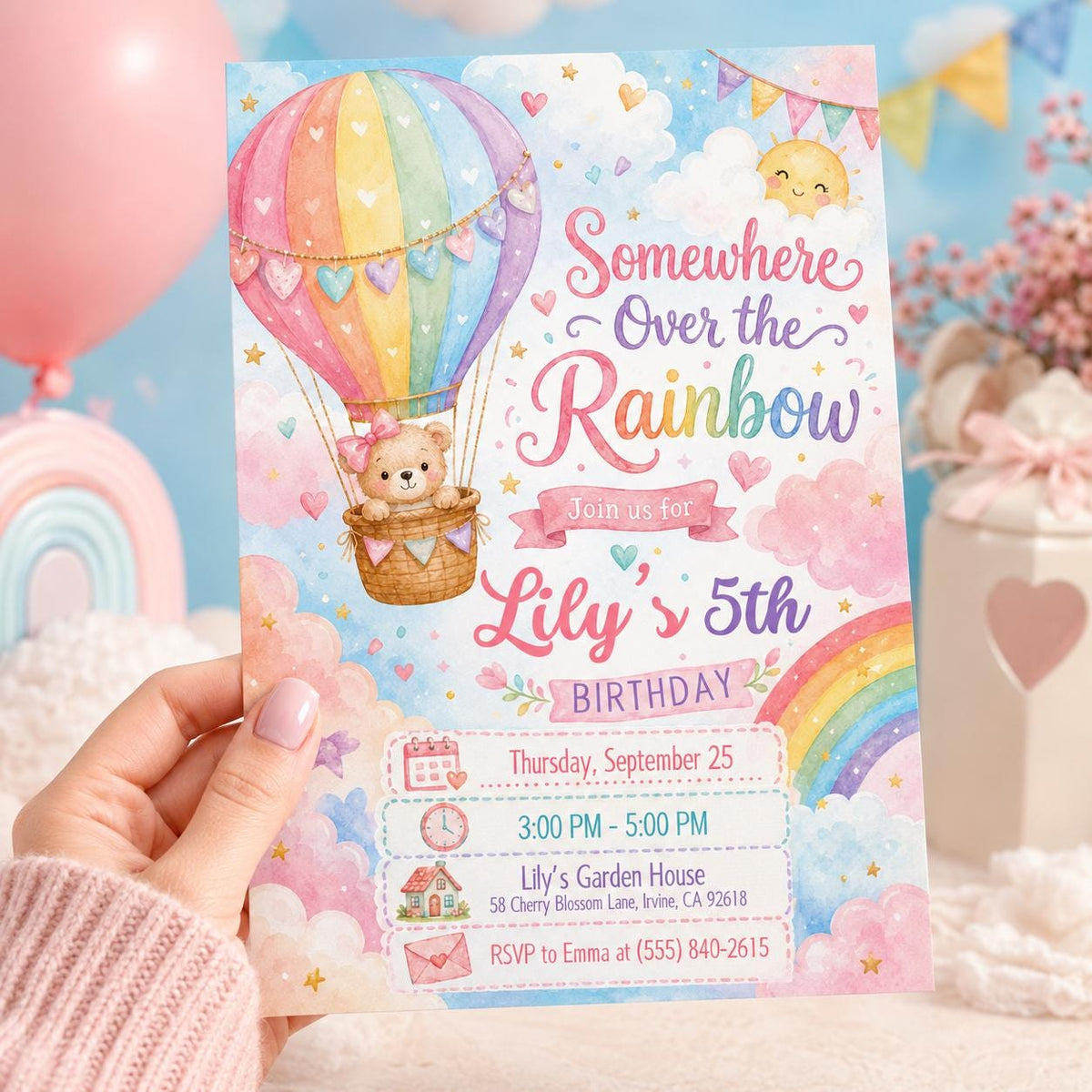 Pink and Gold Rainbow Hot Air Balloon Birthday Invitation for Girls — editable Canva template