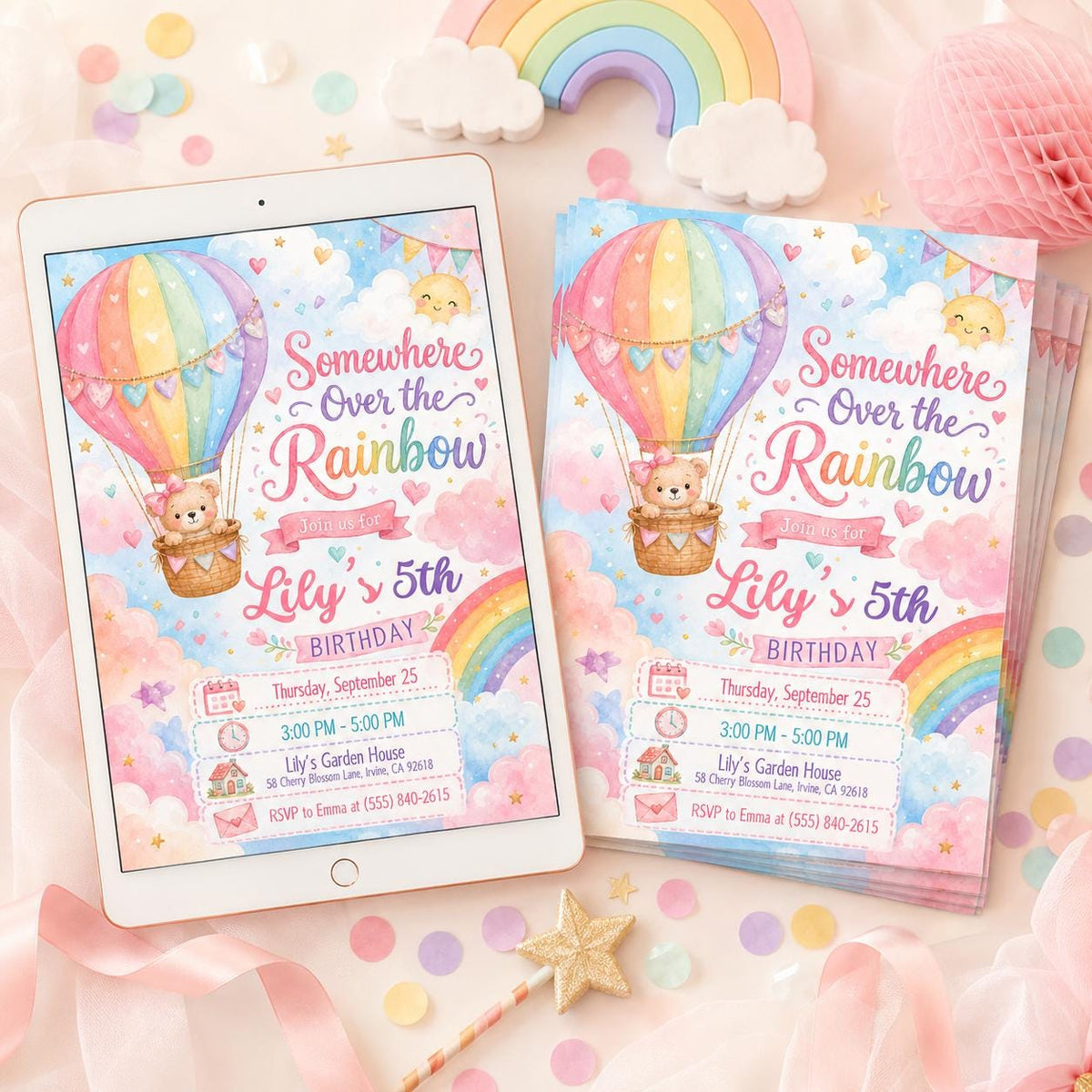 Pink and Gold Rainbow Hot Air Balloon Birthday Invitation for Girls — invitation you personalize in Canva