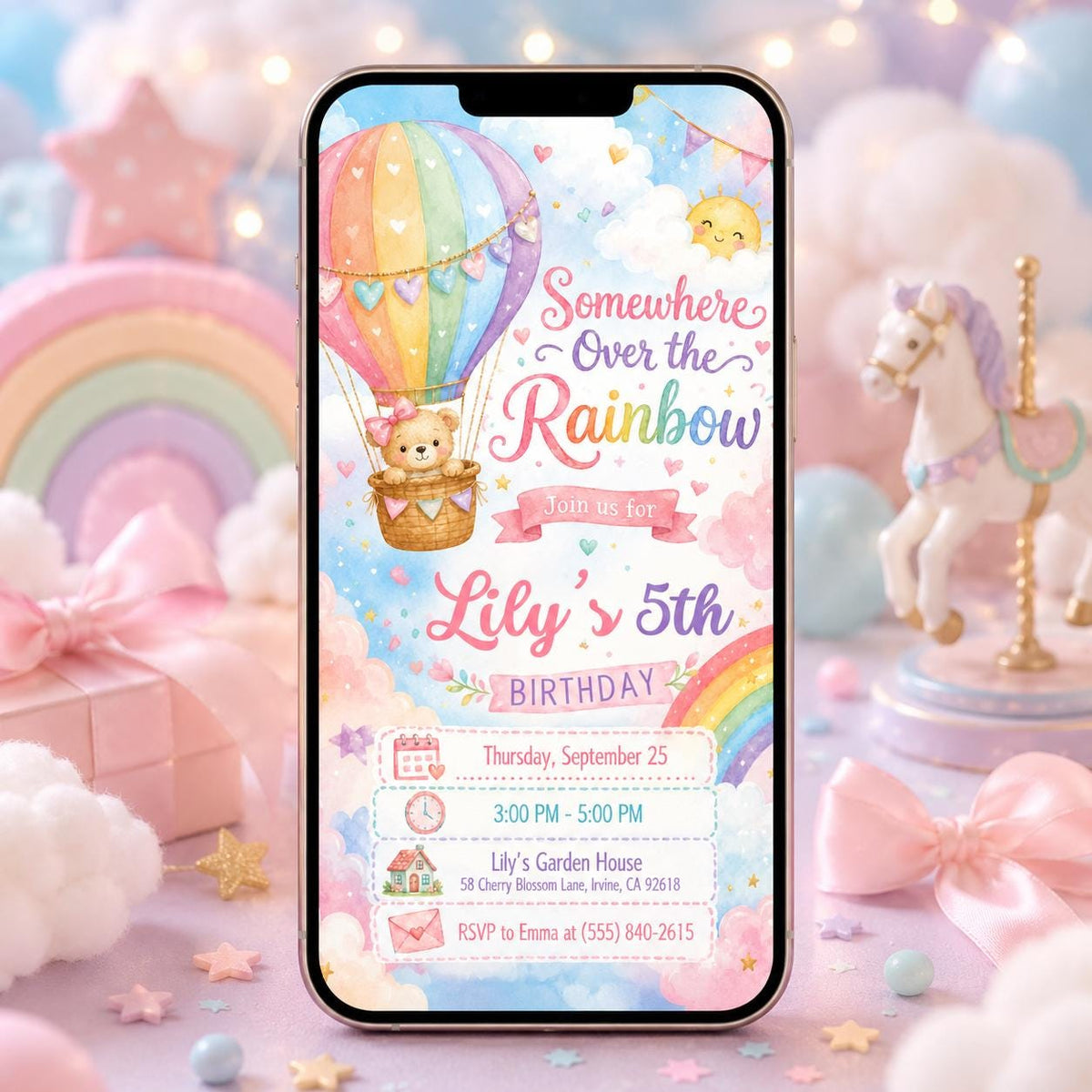 Pink and Gold Rainbow Hot Air Balloon Birthday Invitation for Girls — pastel birthday party design