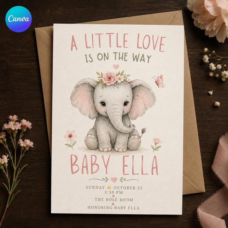 Pink and Green Elephant Baby Shower Invitation for Girls