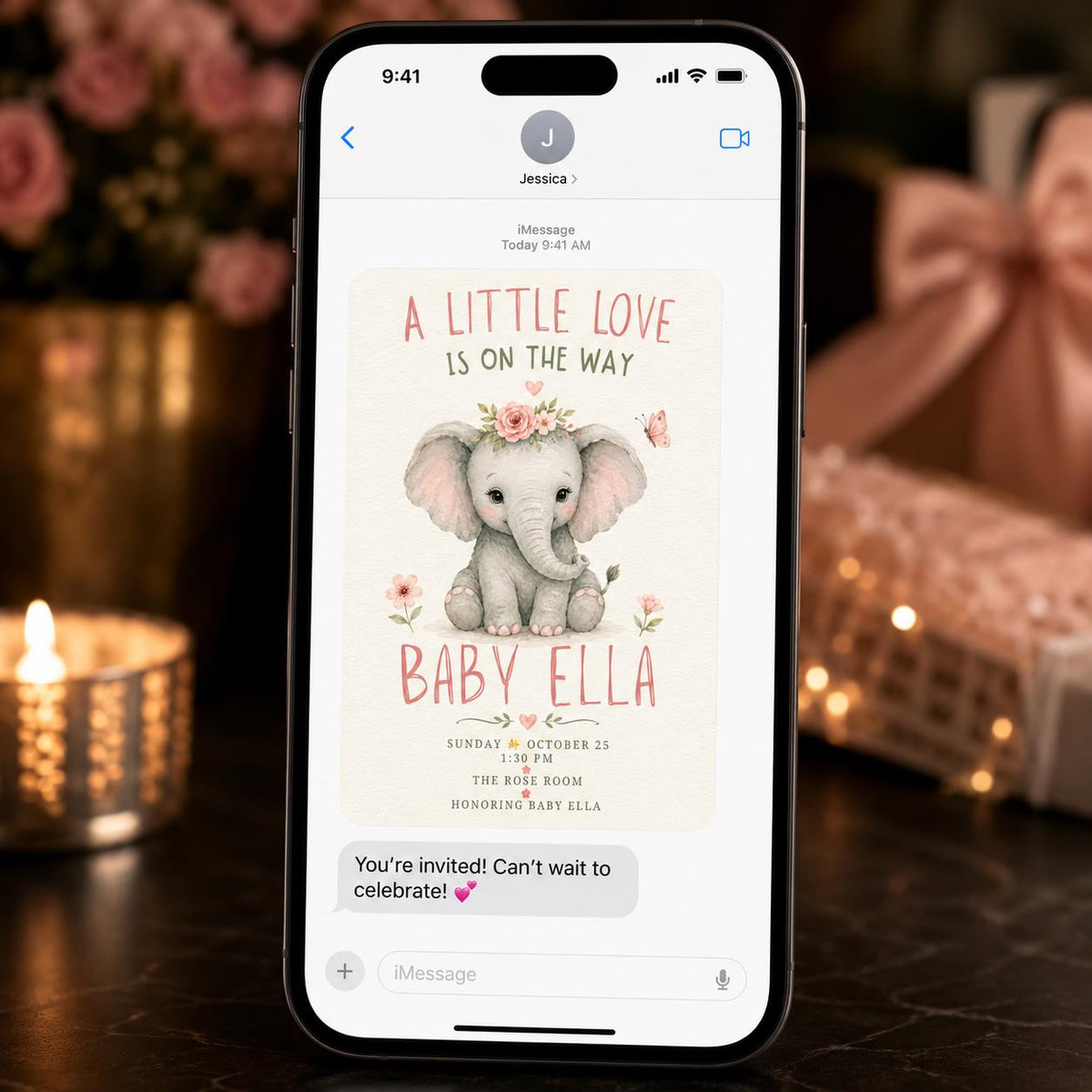 Pink and Green Elephant Baby Shower Invitation for Girls — floral design