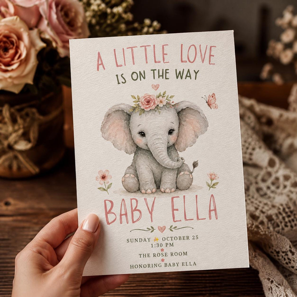 Pink and Green Elephant Baby Shower Invitation for Girls — invitation you personalize in Canva