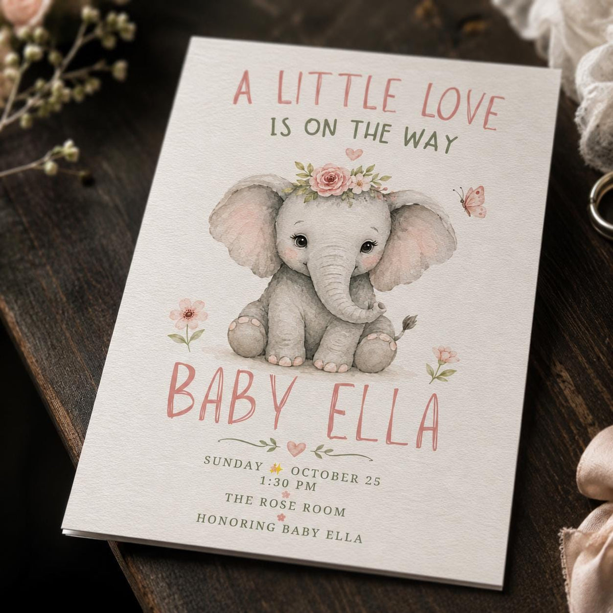 Pink and Green Elephant Baby Shower Invitation for Girls — print-ready baby shower design from VoltBy
