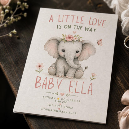 Pink and Green Elephant Baby Shower Invitation for Girls — print-ready baby shower design from VoltBy