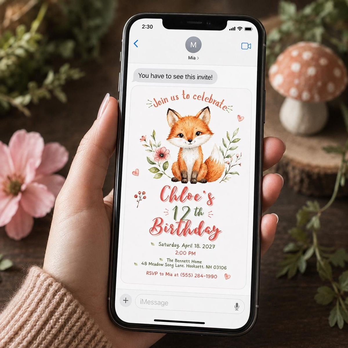 Pink and Green Fox 12th Birthday Invitation for Girls — floral design