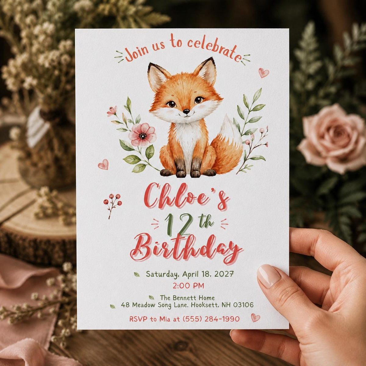 Pink and Green Fox 12th Birthday Invitation for Girls — invitation you personalize in Canva