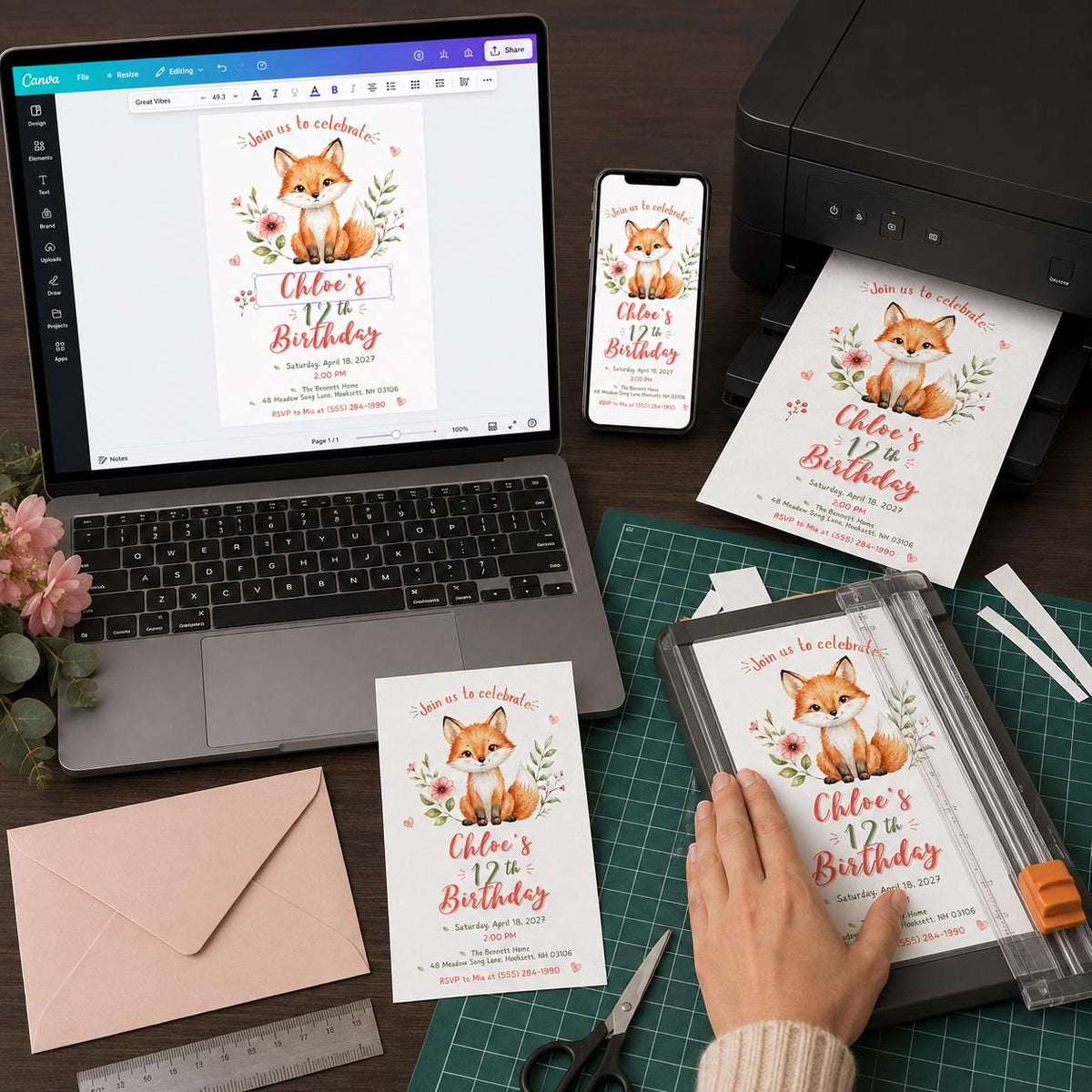 Pink and Green Fox 12th Birthday Invitation for Girls — floral 12th birthday party design