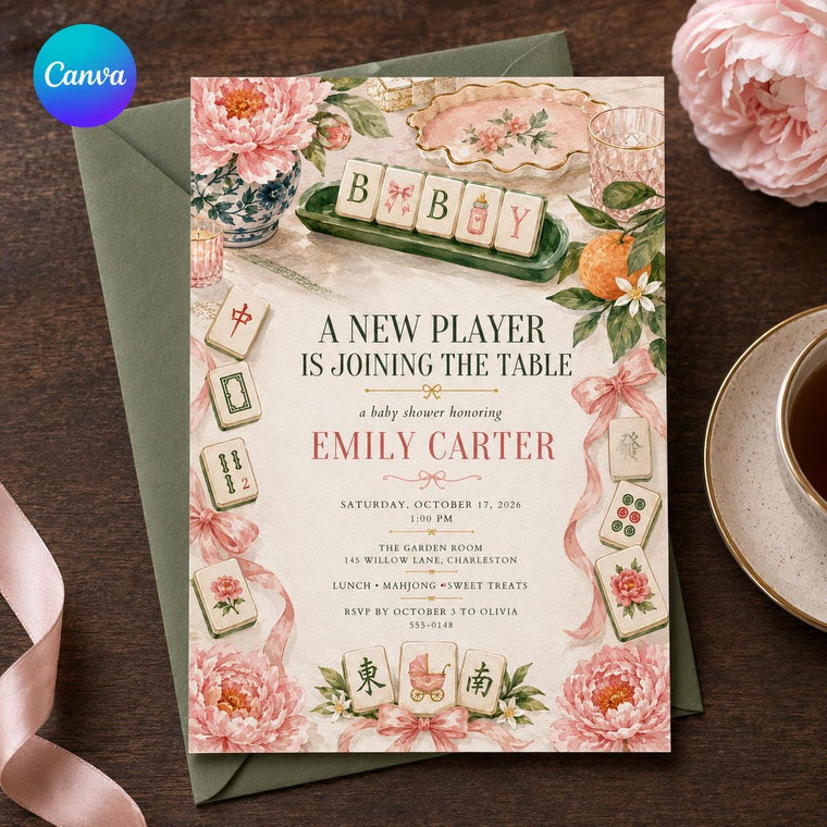 Pink and Green Mahjong Baby Shower Invitation