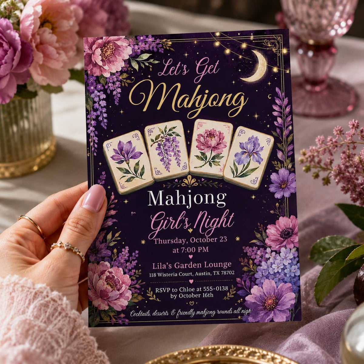 Pink and Green Mahjong Girls Game Night Invitation — game night stationery by VoltBy