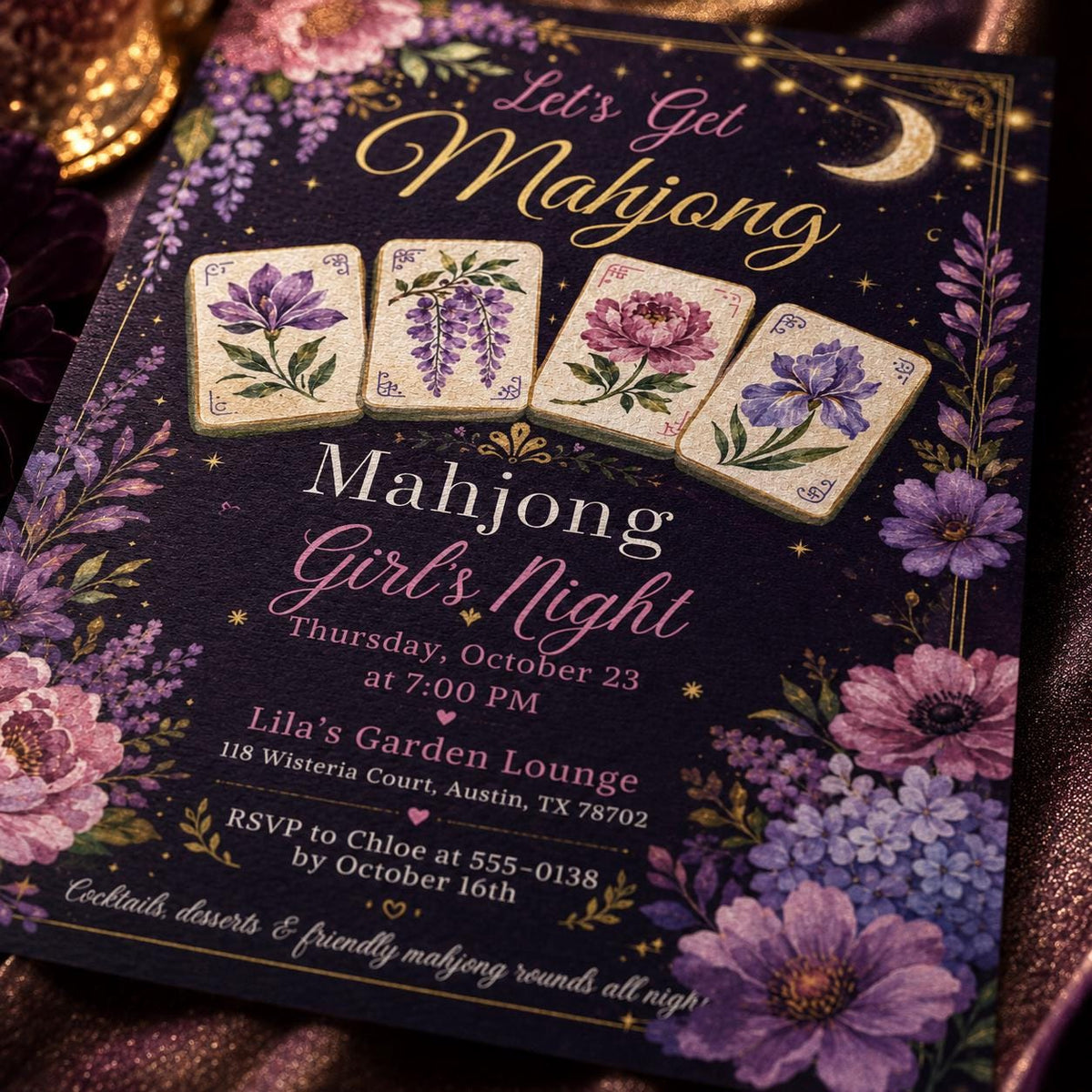 Pink and Green Mahjong Girls Game Night Invitation — design view 3