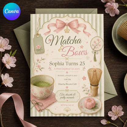 Pink and Green Matcha Birthday Invitation — editable Canva template