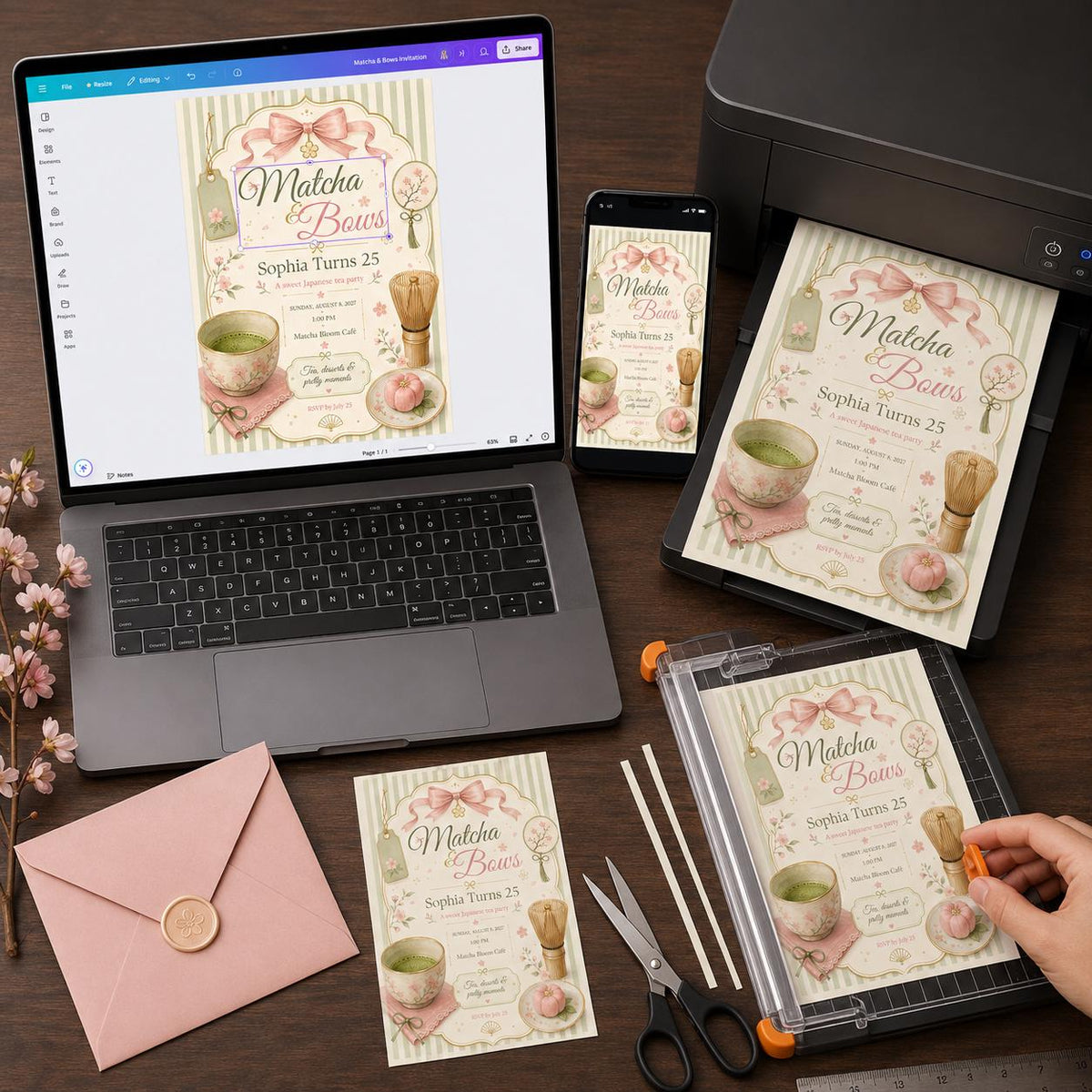 Pink and Green Matcha Birthday Invitation — cherry blossom design