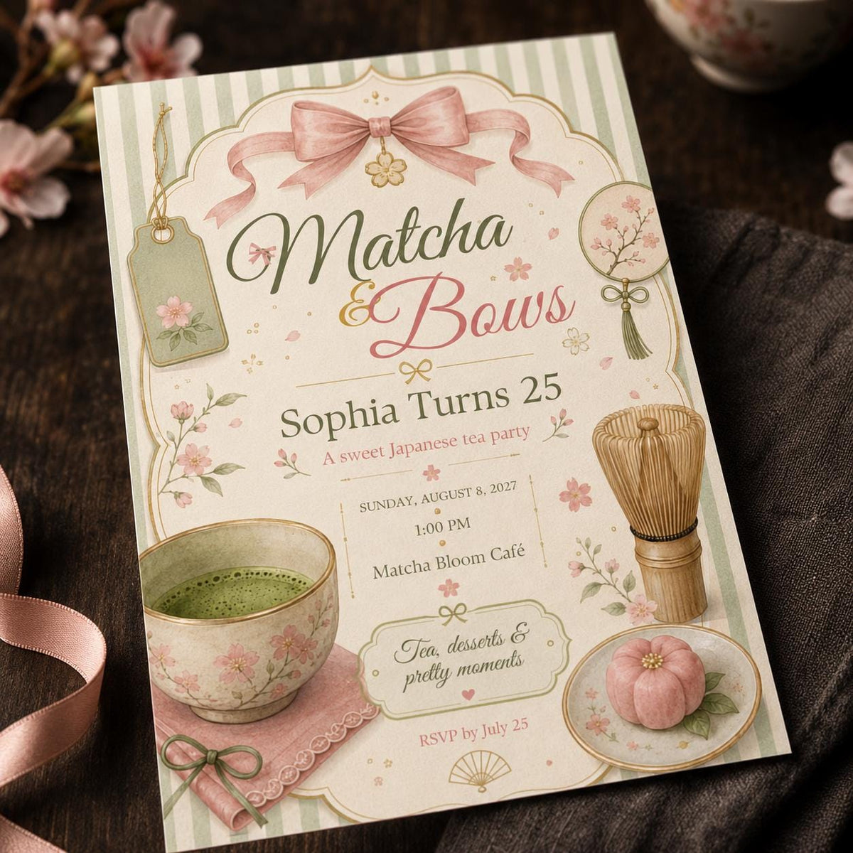 Pink and Green Matcha Birthday Invitation — invitation you personalize in Canva