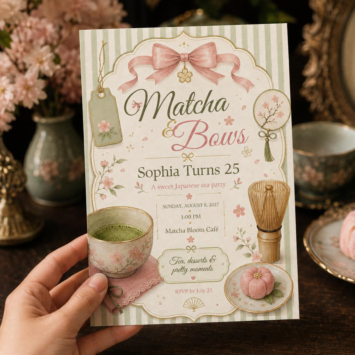 Pink and Green Matcha Birthday Invitation — print-ready birthday party design from VoltBy